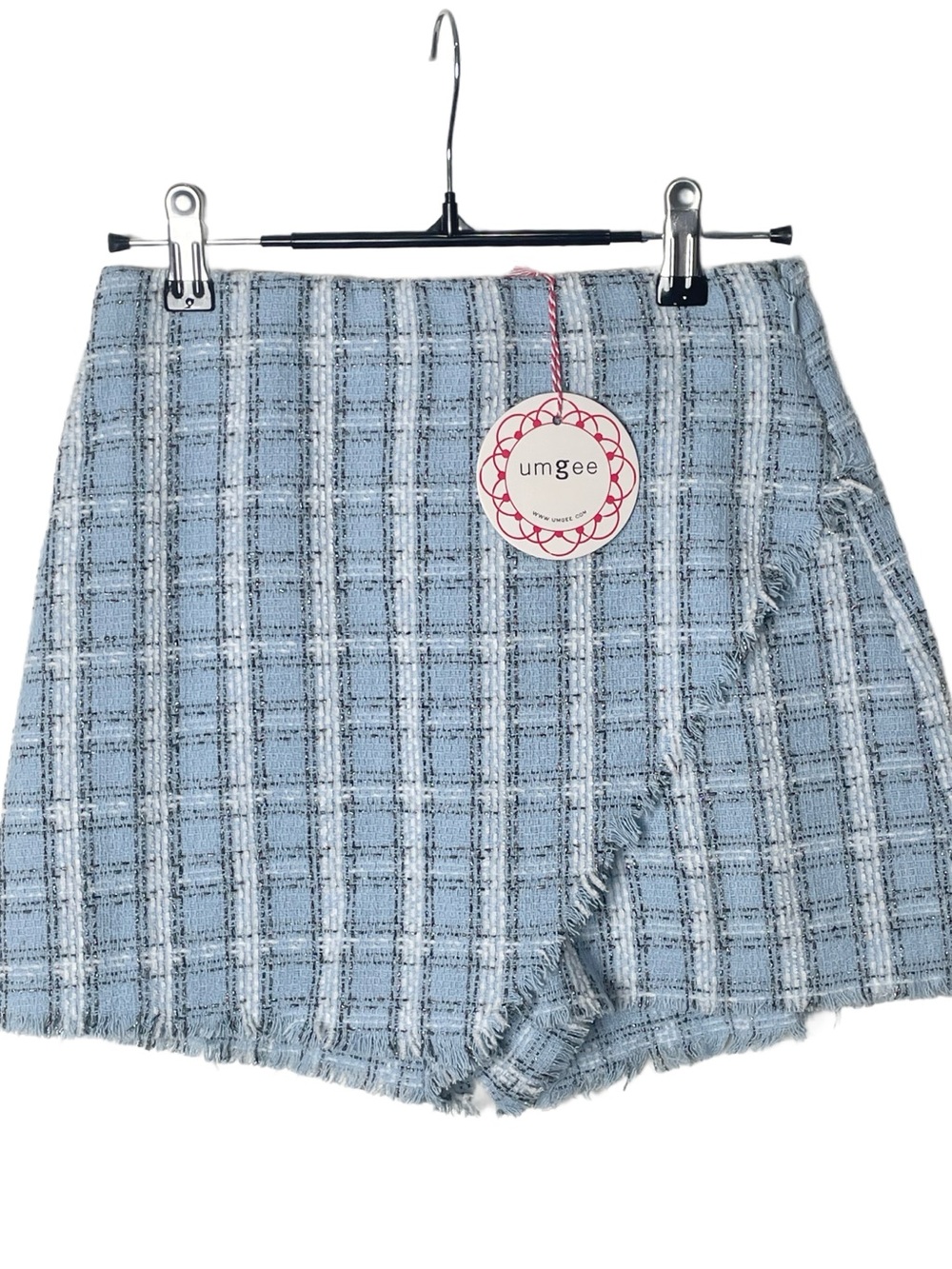 Umgee Blue Plaid Fringe Tweed Skort Size Small NWT
